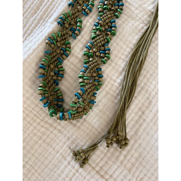 Vintage Wooden Beaded Macrame Corded Belt Brown Green‎ Western Boho Tie Waist - Picture 2 of 7